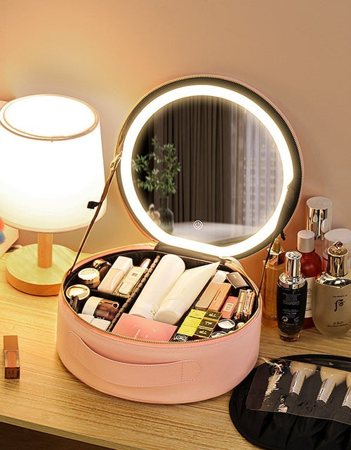 Load image into Gallery viewer, Round Smart LED Makeup Bag With Mirror Lights Women Beauty Bag Large Capacity PU Leather Travel Organizers Cosmetic Case
