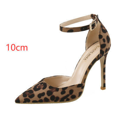 Load image into Gallery viewer, European And American Hollowed Sandals Women&#39;s Word With Pointed Toe Stiletto Leopard Print
