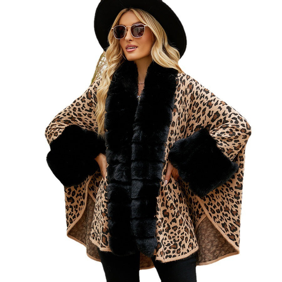 Women's Leopard Winter Imitate Rex Rabbit Fur Warm Thickened Cape Coat