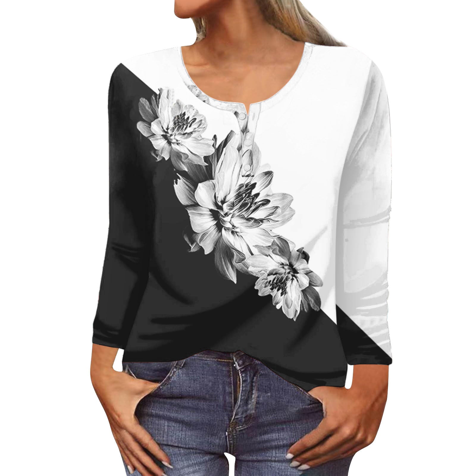 Women's Fashion Loose-fitting Long Sleeves 3D Printed Geometric Button T-shirt