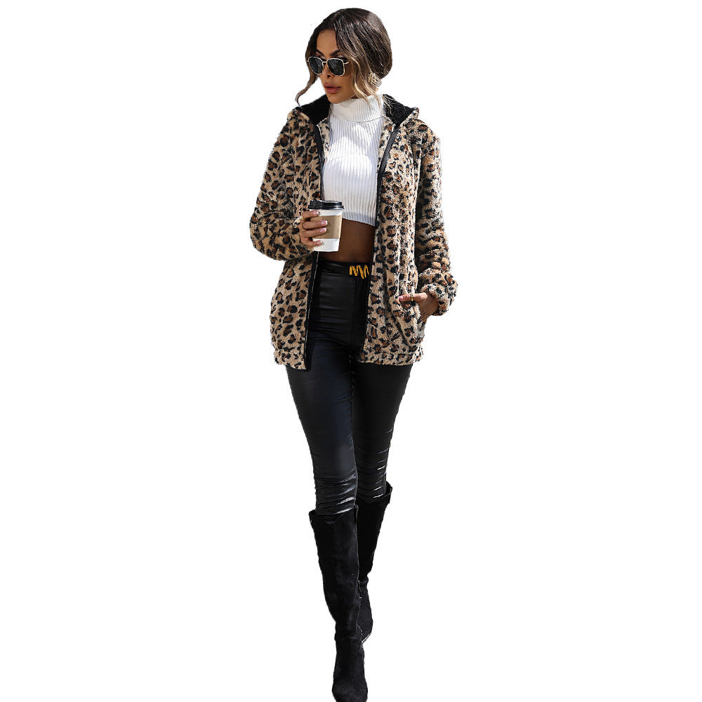 Women's Hooded Long Sleeve Leopard Print Double-sided Velvet Loose Casual Jacket