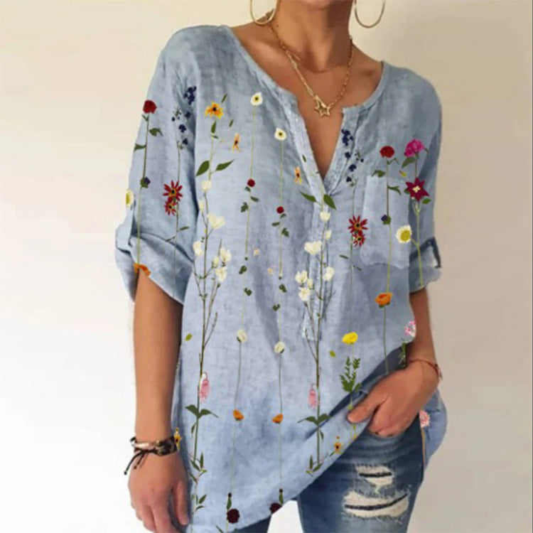 Women's Fashion Loose Printed V-neck Top