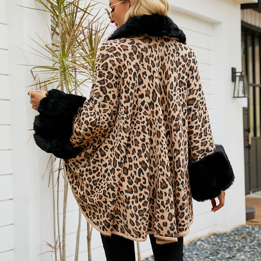 Women's Leopard Winter Imitate Rex Rabbit Fur Warm Thickened Cape Coat