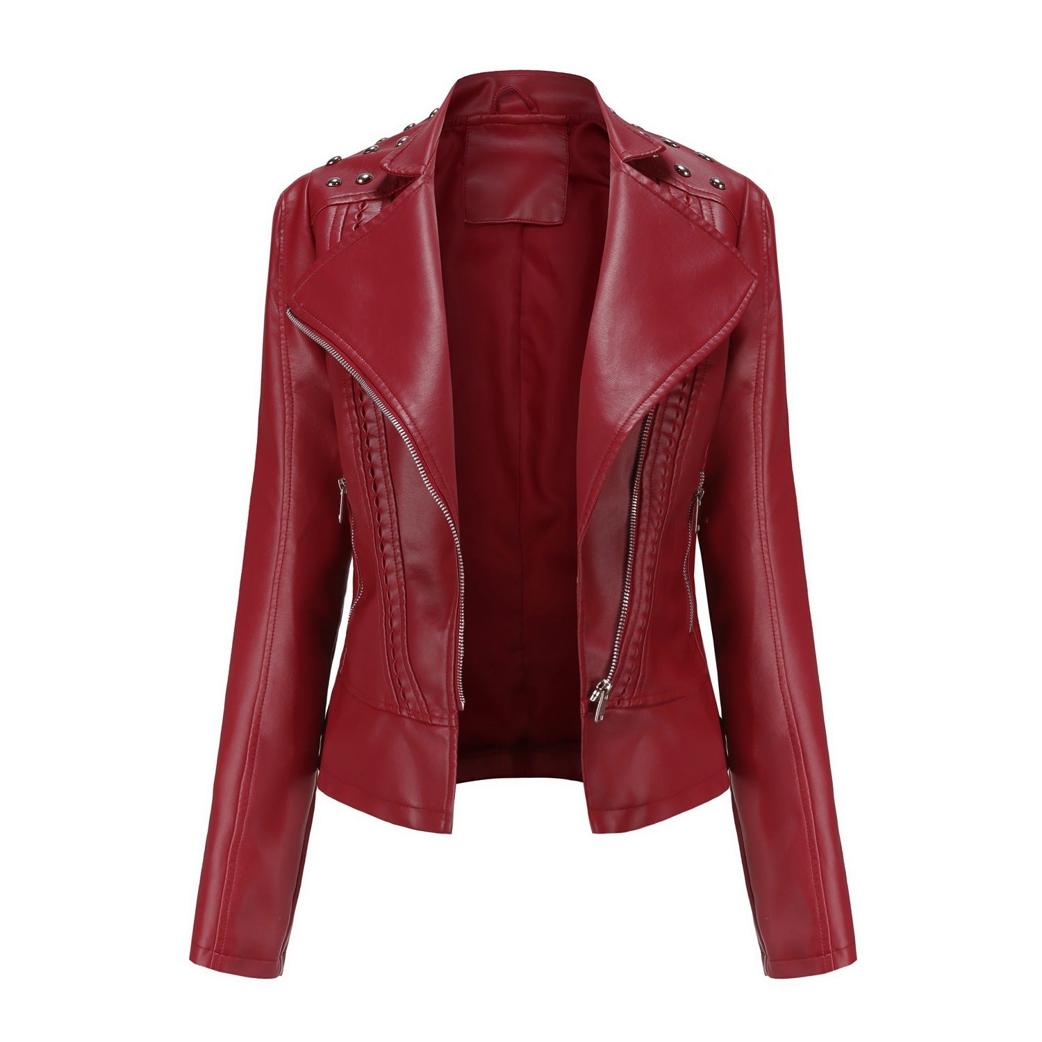 Beaded Leather Women's Long-sleeved Fashion Jacket Lapel Motorcycle Clothing Thin Women's Jacket