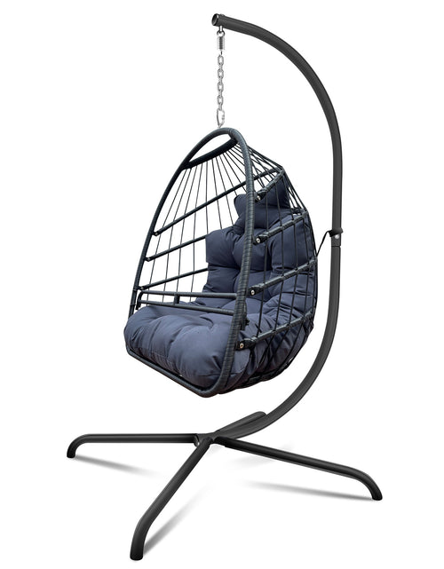 Load image into Gallery viewer, Swing Egg Chair With Stand Indoor Outdoor, UV Resistant Cushion Hanging Chair With Guardrail And Cup Holder, Anti-Rust Foldable Aluminum Frame Hammock Chair, 350lbs Capacity For Porch Backyard
