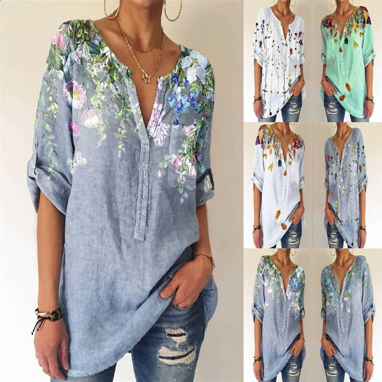 Women's Fashion Loose Printed V-neck Top