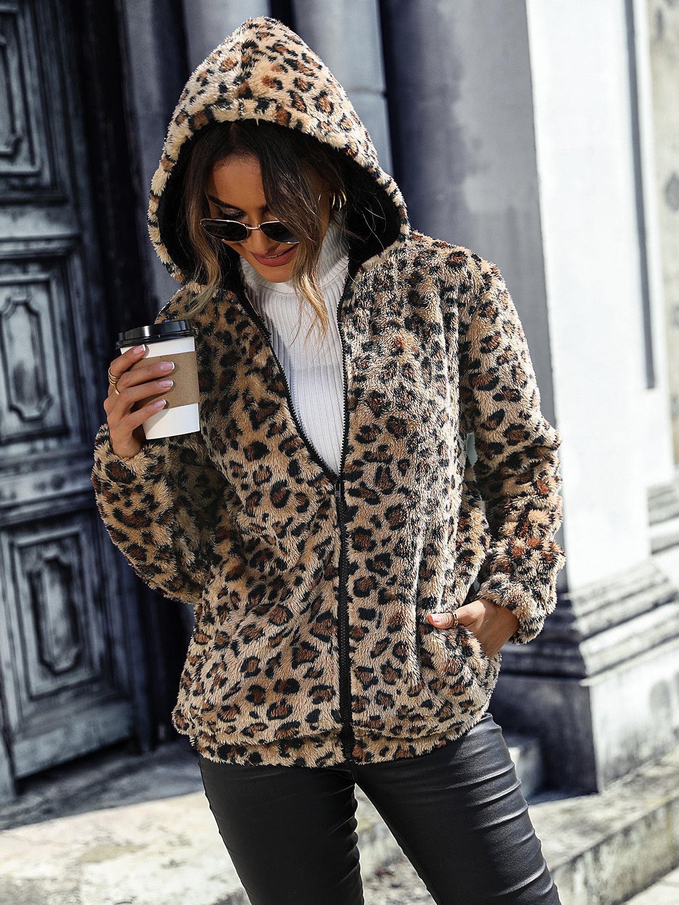 Women's Hooded Long Sleeve Leopard Print Double-sided Velvet Loose Casual Jacket