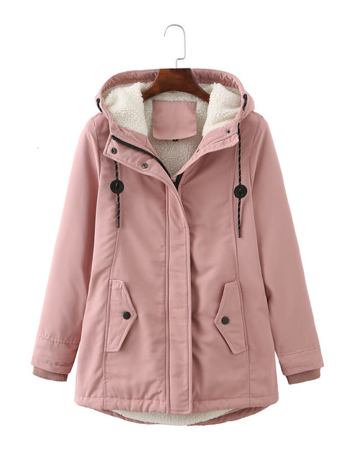 Load image into Gallery viewer, European Size Ladies Hooded Lambswool Parka Winter Warm Waist Women&#39;s Cotton-padded Coat
