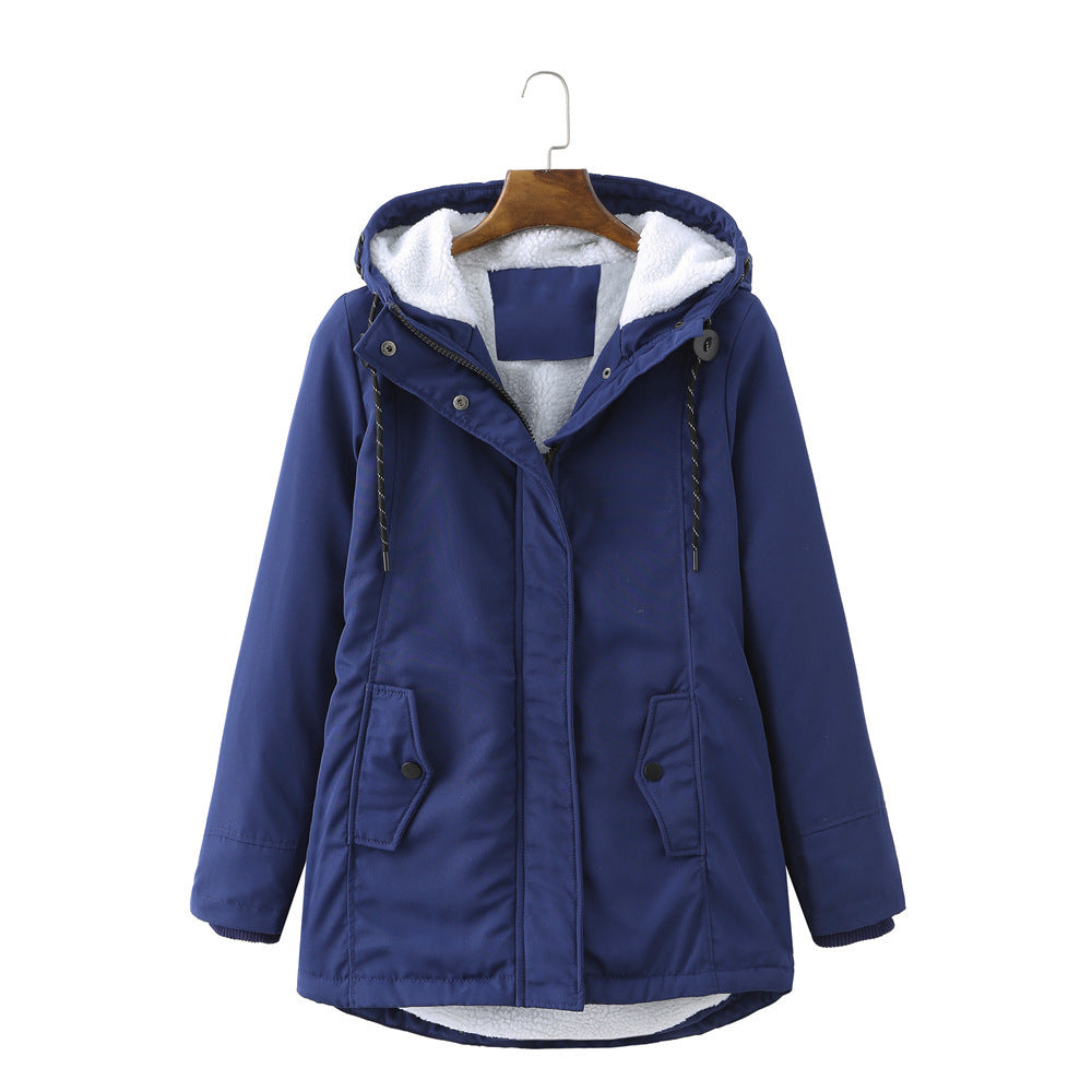 European Size Ladies Hooded Lambswool Parka Winter Warm Waist Women's Cotton-padded Coat