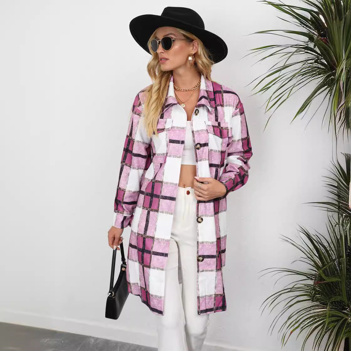 Women's Plaid Single-breasted Lapel Long-sleeved Coat