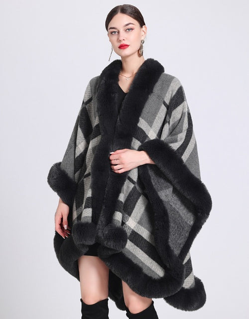 Load image into Gallery viewer, Imitation Rex Rabbit Fur Collar Cape And Shawl Loose Jacquard Knitted Cardigan Cape Coat
