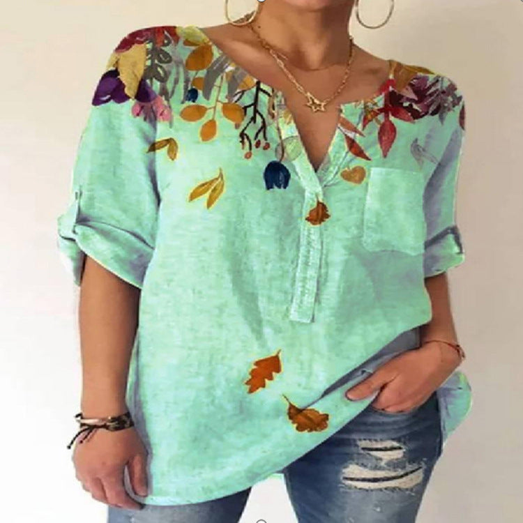 Women's Fashion Loose Printed V-neck Top