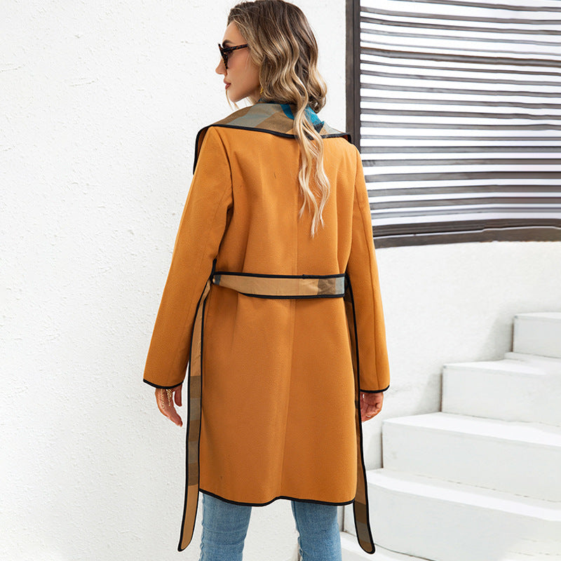 Women's Fashion Woolen Composite Strap Coat Overcoat