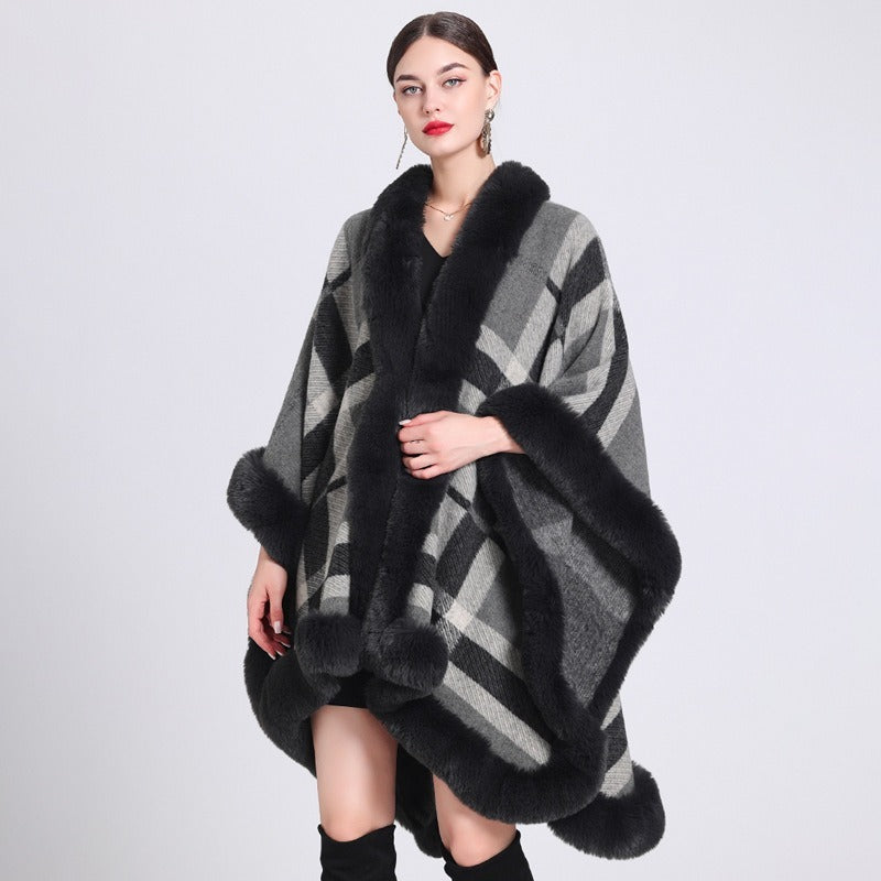 Imitation Rex Rabbit Fur Collar Cape And Shawl Loose Jacquard Knitted Cardigan Cape Coat