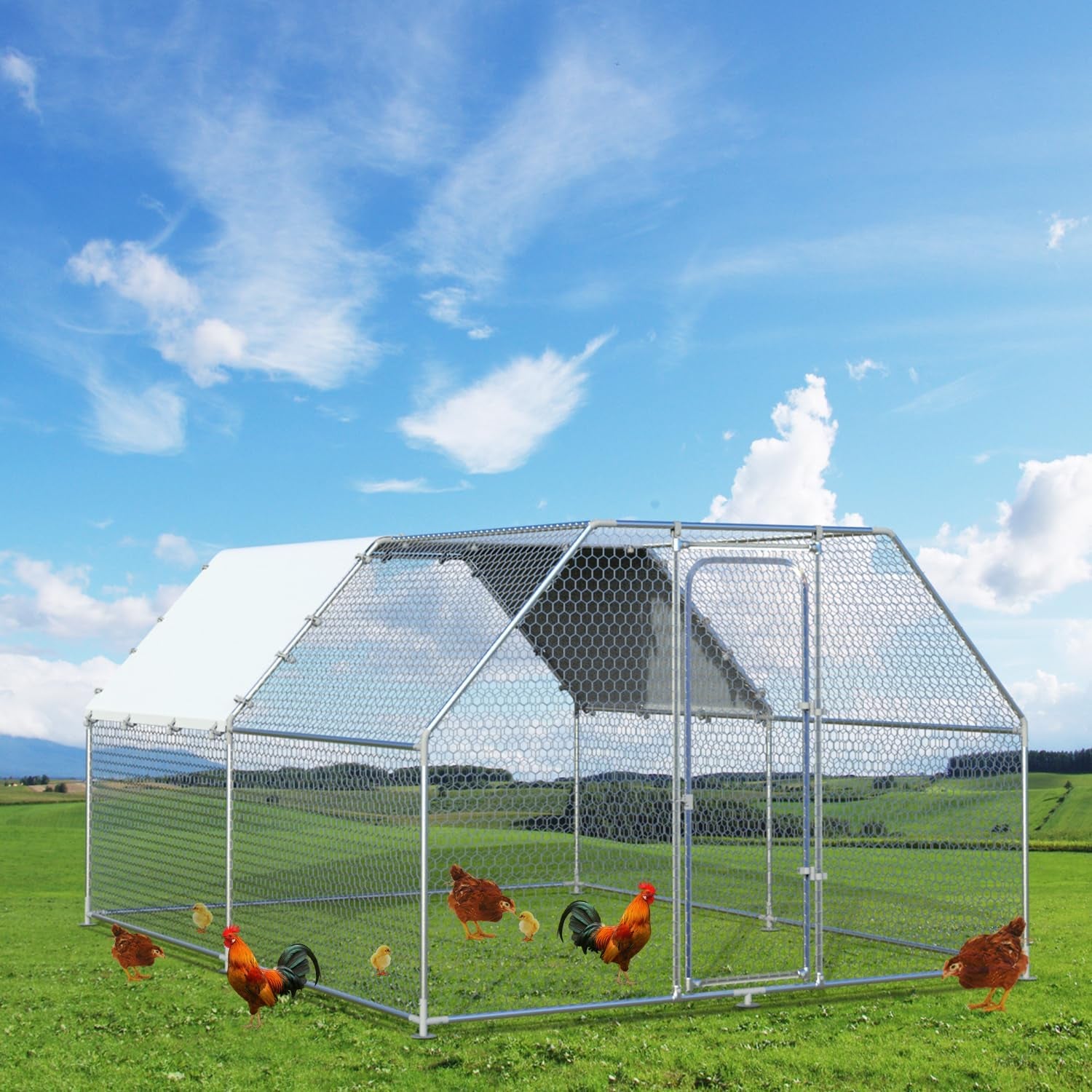 Large Metal Chicken Coop Walk-In Poultry Cage Chicken Run Chicken Pen Flat Roofed Cage with Waterproof and Anti-Ultraviolet Cover for Yard (9.2' L X 12.5' W X 6.4' H)