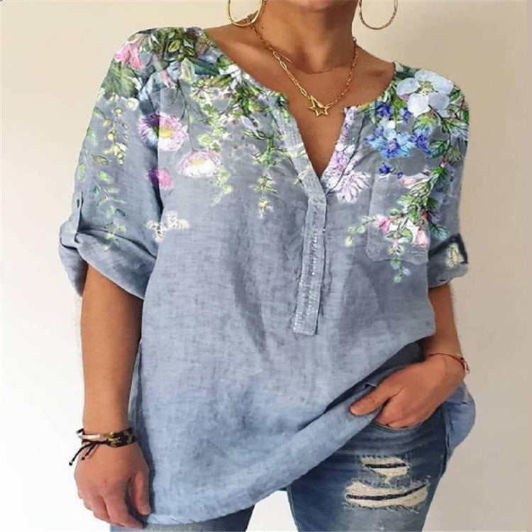 Women's Fashion Loose Printed V-neck Top