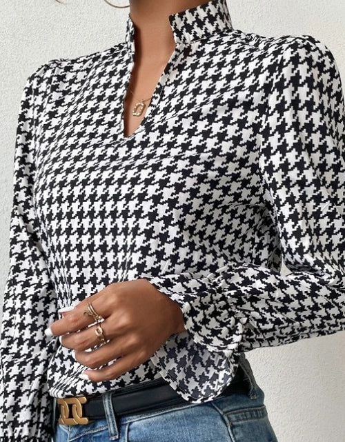 Load image into Gallery viewer, Houndstooth V-neck Long Sleeve Top Women
