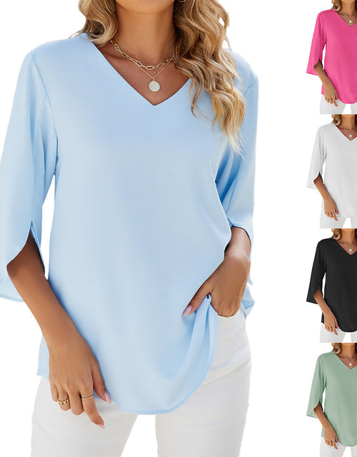 Load image into Gallery viewer, Women&#39;s Fashion Solid Color And V-neck Half Sleeves Loose Chiffon Blouse Top
