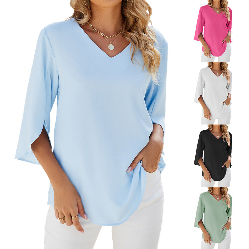 Women's Fashion Solid Color And V-neck Half Sleeves Loose Chiffon Blouse Top