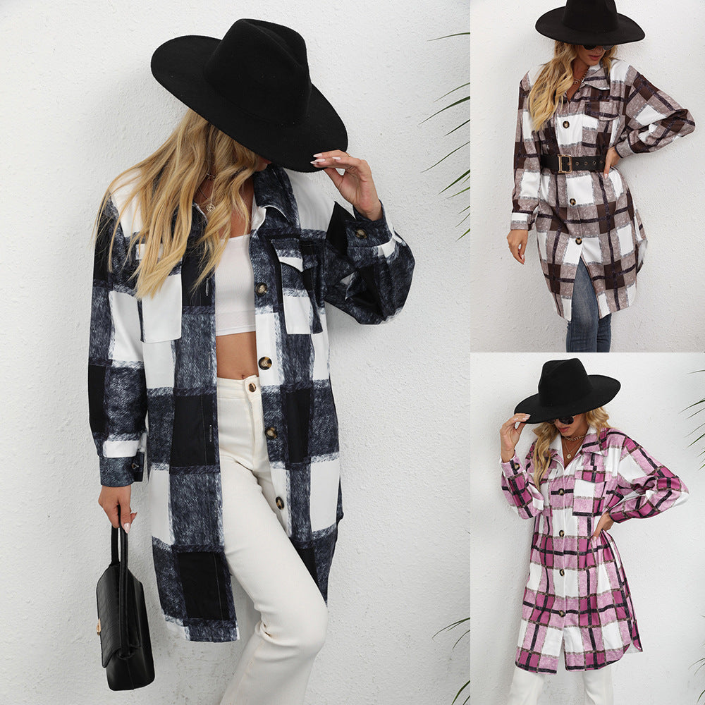 Women's Plaid Single-breasted Lapel Long-sleeved Coat