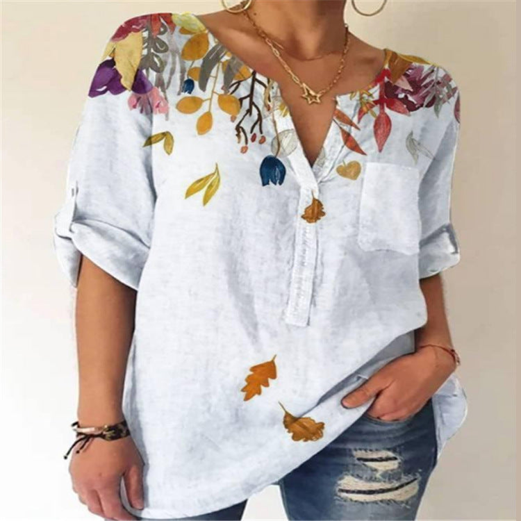 Women's Fashion Loose Printed V-neck Top