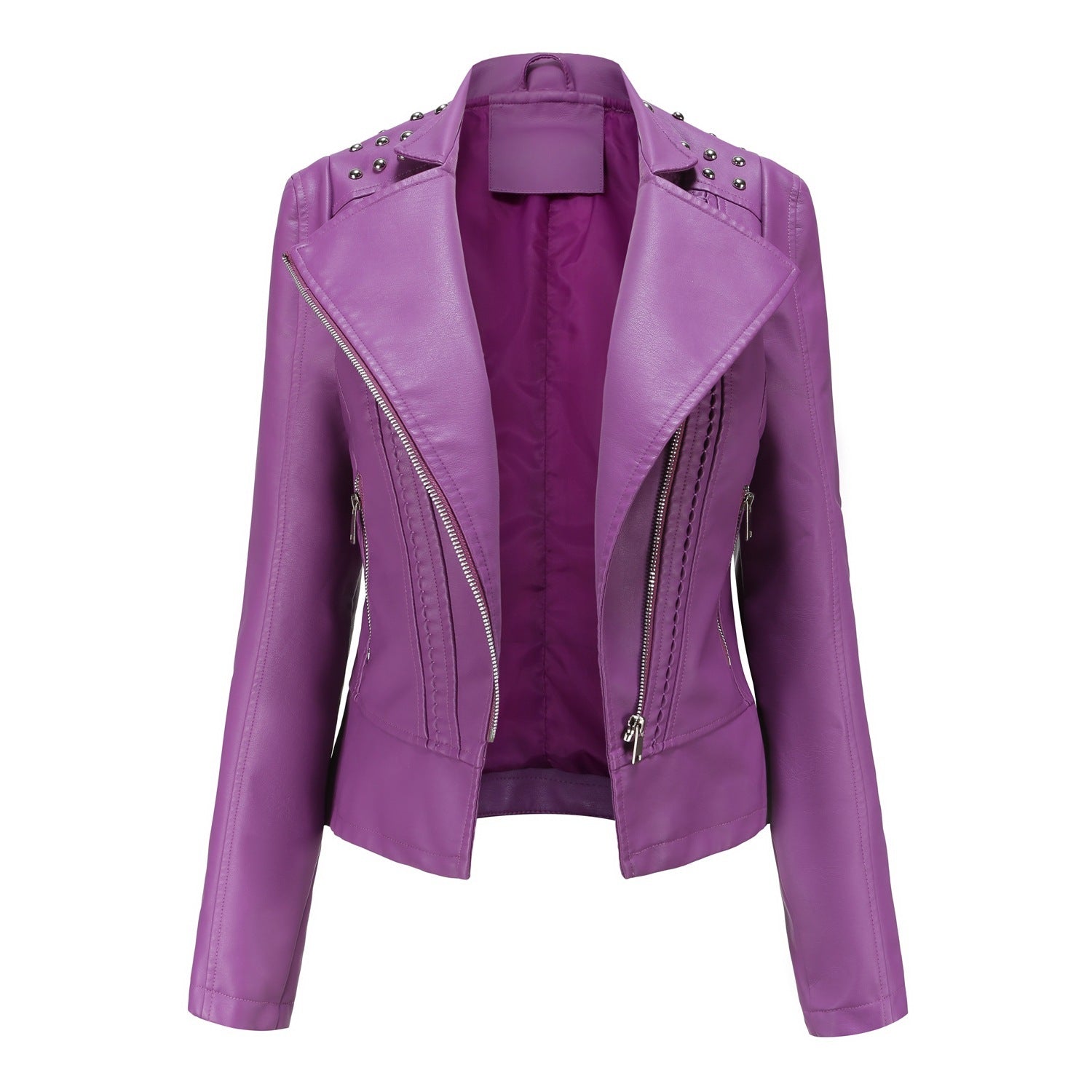 Beaded Leather Women's Long-sleeved Fashion Jacket Lapel Motorcycle Clothing Thin Women's Jacket