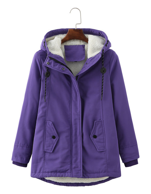 Load image into Gallery viewer, European Size Ladies Hooded Lambswool Parka Winter Warm Waist Women&#39;s Cotton-padded Coat
