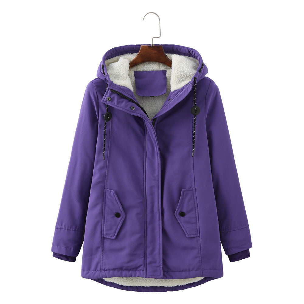 European Size Ladies Hooded Lambswool Parka Winter Warm Waist Women's Cotton-padded Coat