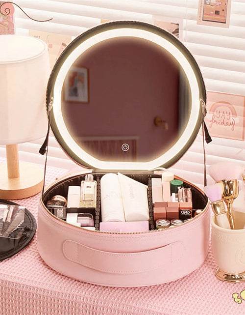 Load image into Gallery viewer, Round Smart LED Makeup Bag With Mirror Lights Women Beauty Bag Large Capacity PU Leather Travel Organizers Cosmetic Case
