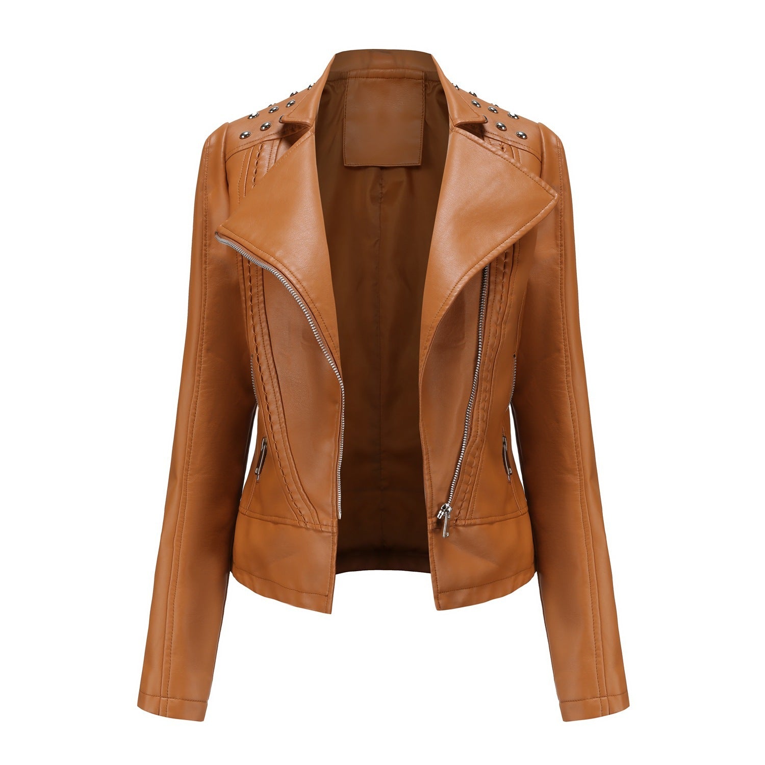 Beaded Leather Women's Long-sleeved Fashion Jacket Lapel Motorcycle Clothing Thin Women's Jacket