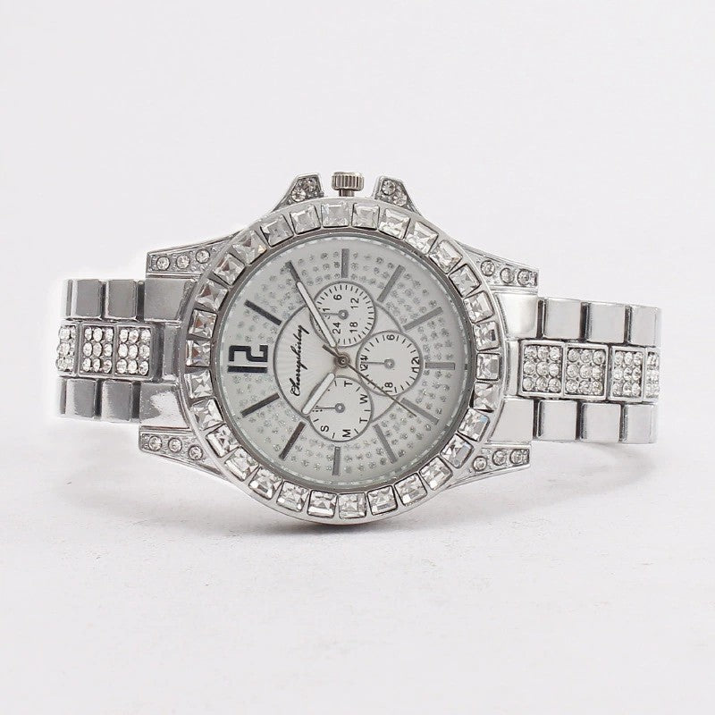 Full Diamond Fake Three-eye Steel Belt Quartz Watch