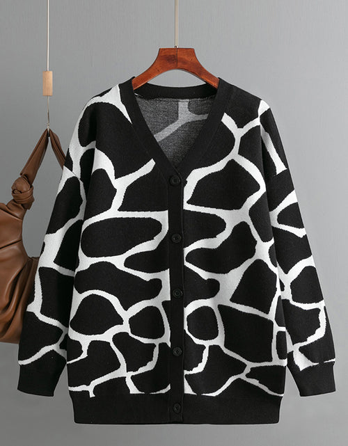 Load image into Gallery viewer, Jacquard Sweater V-neck Long Line Pattern Baggy Coat
