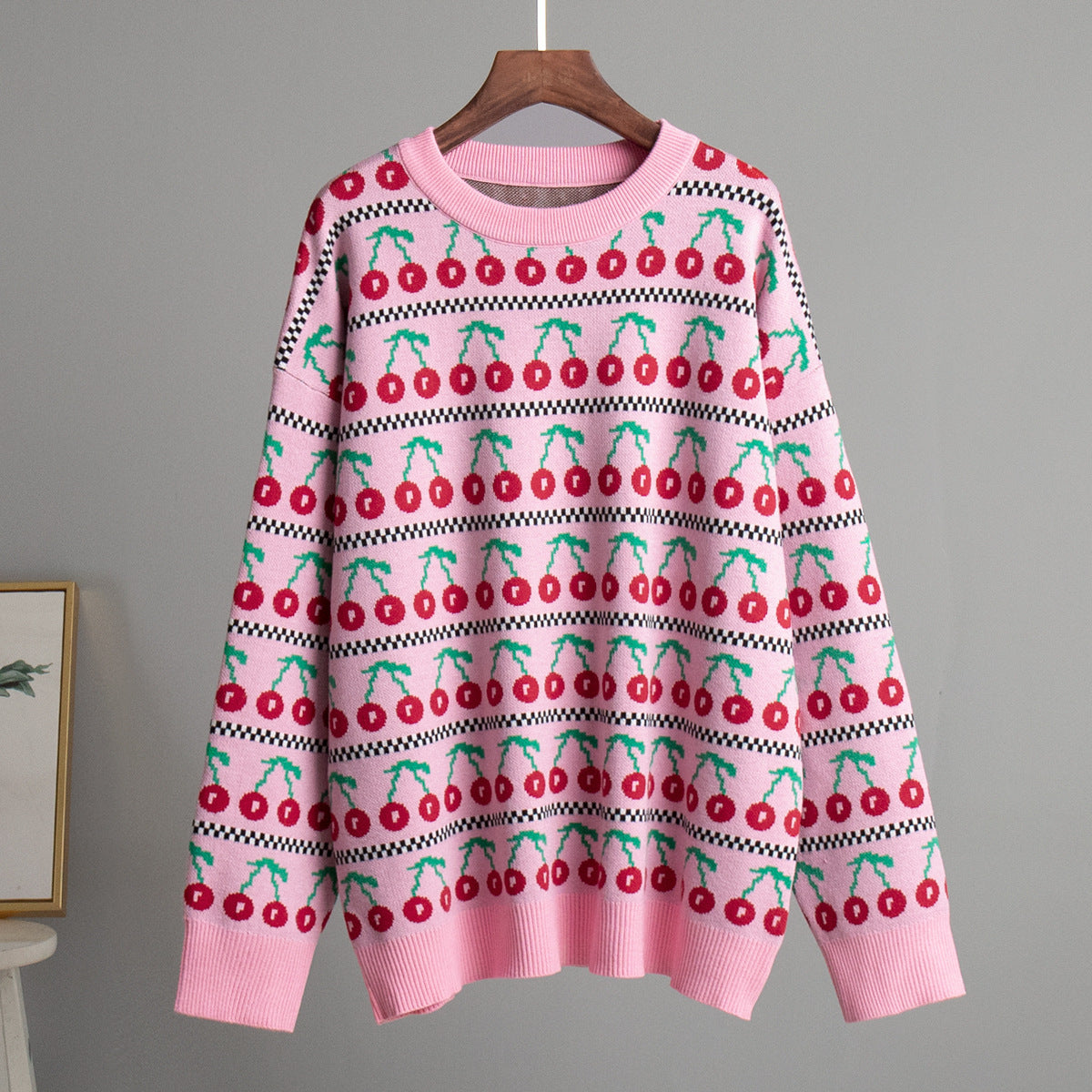 Round Neck Cherry Sweater Mid-length Retro