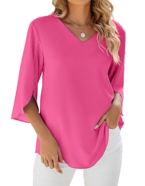 Load image into Gallery viewer, Women&#39;s Fashion Solid Color And V-neck Half Sleeves Loose Chiffon Blouse Top
