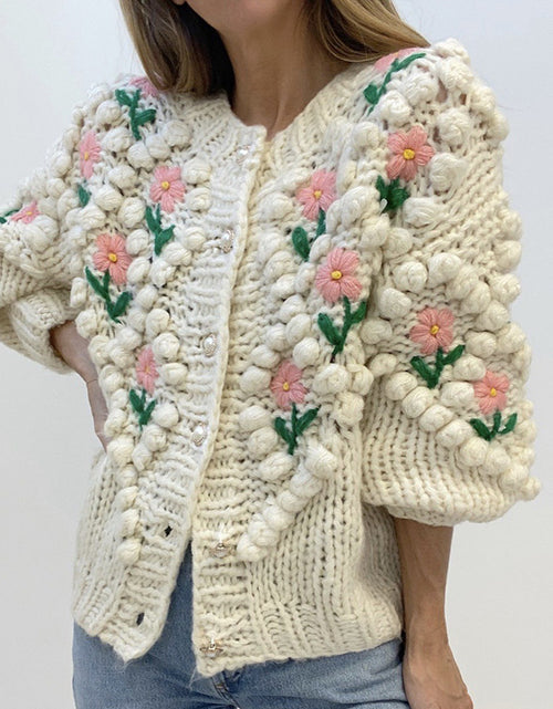 Load image into Gallery viewer, Handmade Crocheted Embroidery Twist Pearl Buckle Knitted Sweater Cardigan Coat
