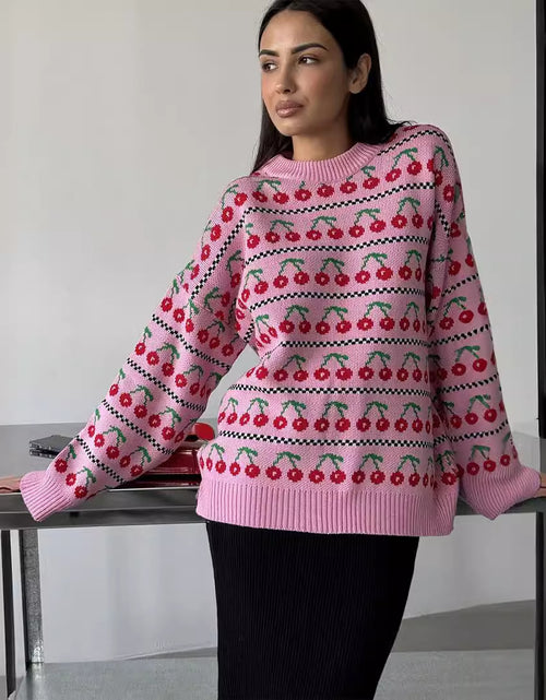 Load image into Gallery viewer, Round Neck Cherry Sweater Mid-length Retro
