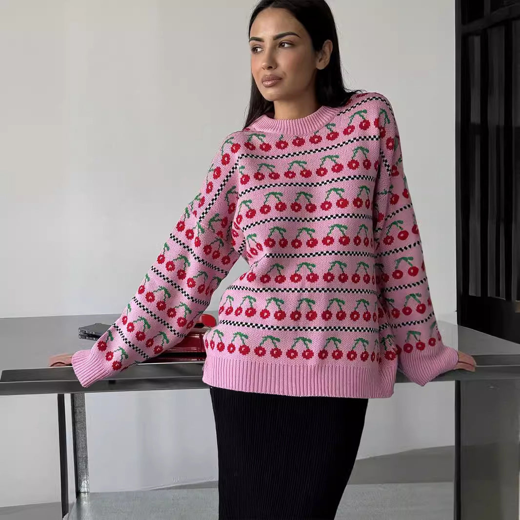 Round Neck Cherry Sweater Mid-length Retro