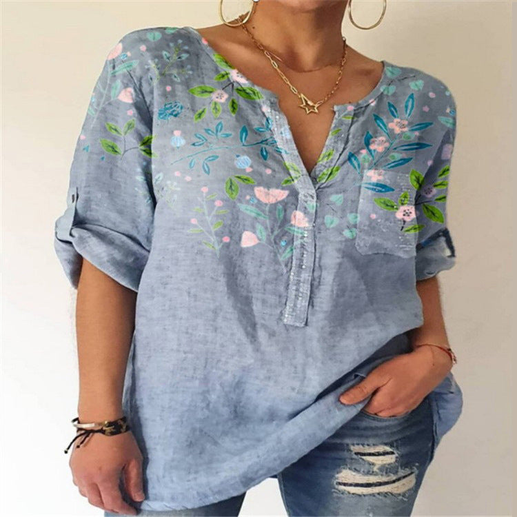 Women's Fashion Loose Printed V-neck Top