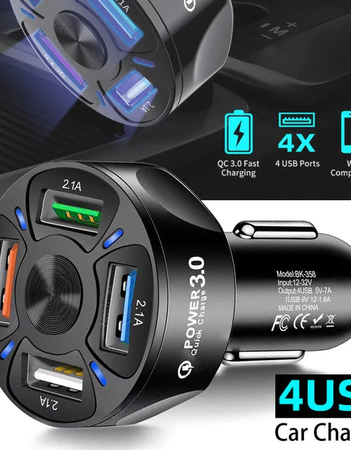 Load image into Gallery viewer, 4-Port USB Car Charger, QC3.0 Fast Charging 4 USB Car Charger Adapter 7A Smart Shunt Car Phone Charger with Light, Suitable for Iphone &amp; Android,Samsung Galaxy S10 S9 Plus
