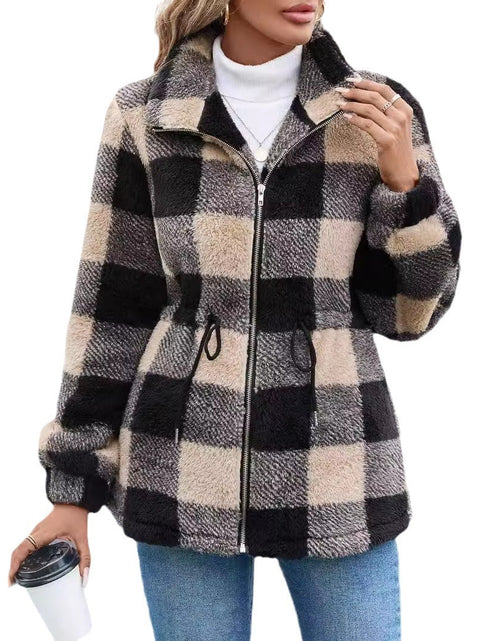 Load image into Gallery viewer, European And American Plush Women&#39;s Clothing Jacket Long-sleeved Plaid Lapel Zipper With Pocket
