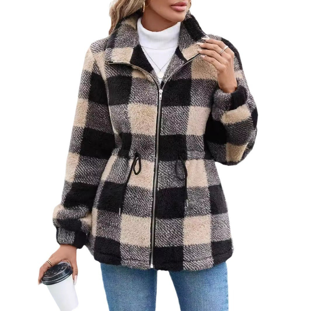 European And American Plush Women's Clothing Jacket Long-sleeved Plaid Lapel Zipper With Pocket