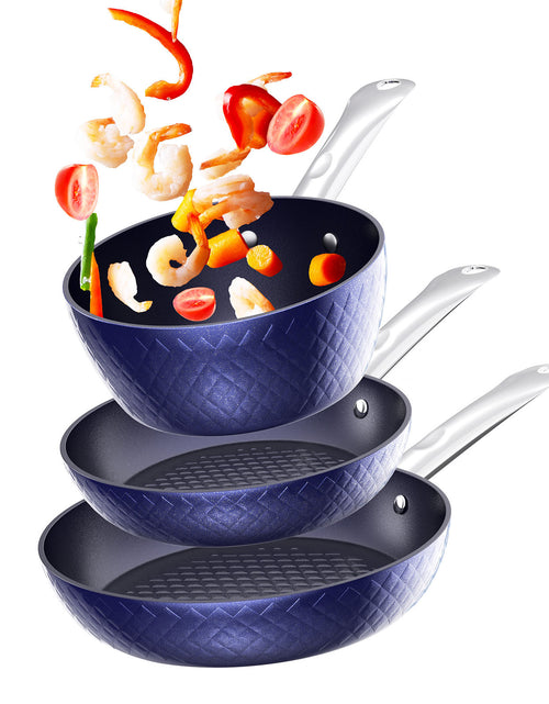 Load image into Gallery viewer, Frying Pan Sets Non Stick 3Pieces Blue 3D Diamond Cookware
