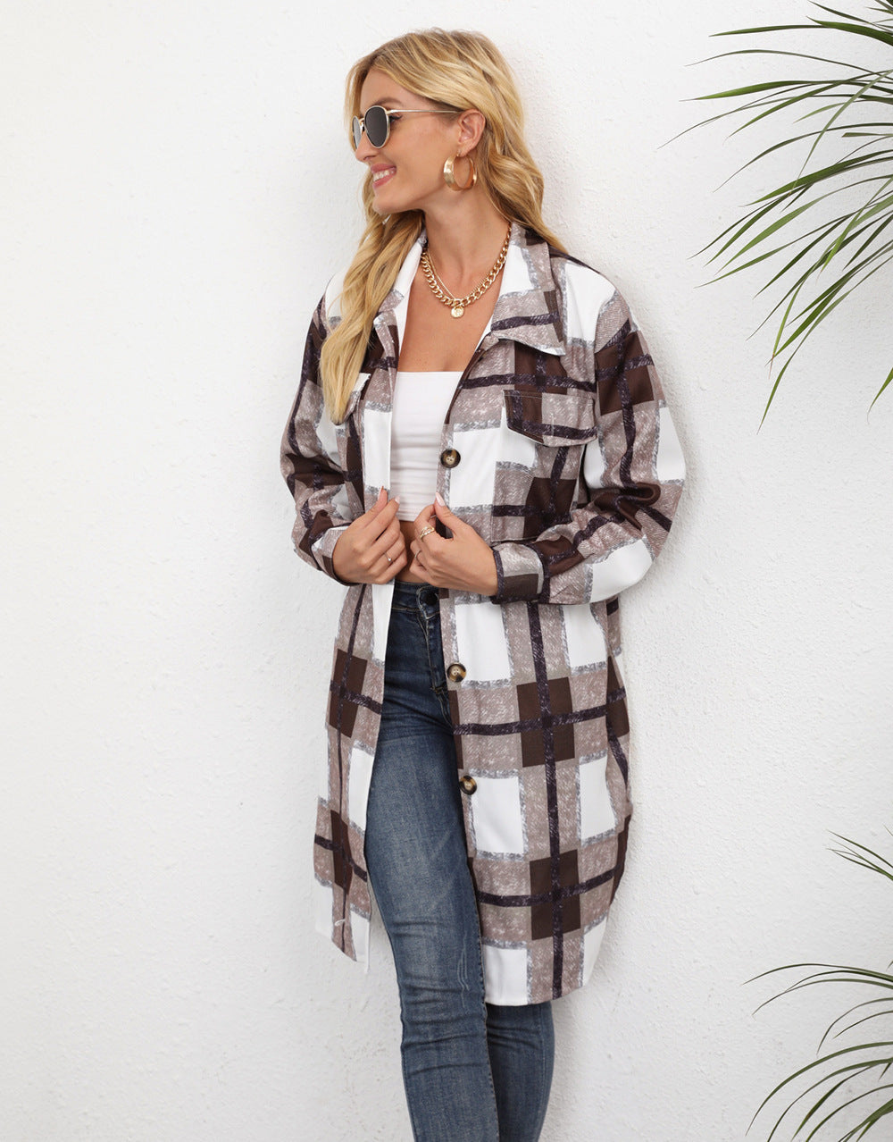 Women's Plaid Single-breasted Lapel Long-sleeved Coat