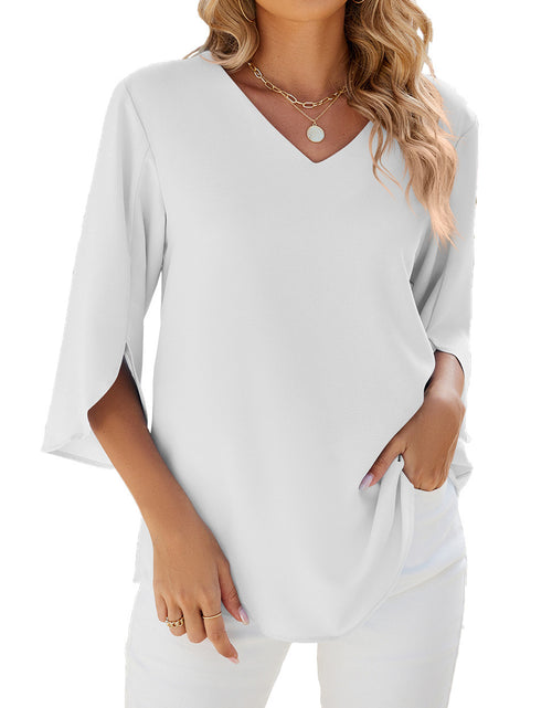 Load image into Gallery viewer, Women&#39;s Fashion Solid Color And V-neck Half Sleeves Loose Chiffon Blouse Top
