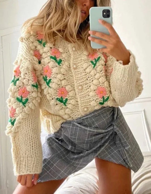 Load image into Gallery viewer, Handmade Crocheted Embroidery Twist Pearl Buckle Knitted Sweater Cardigan Coat
