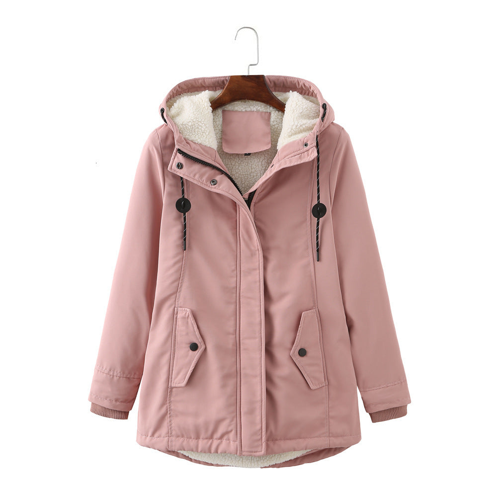 European Size Ladies Hooded Lambswool Parka Winter Warm Waist Women's Cotton-padded Coat