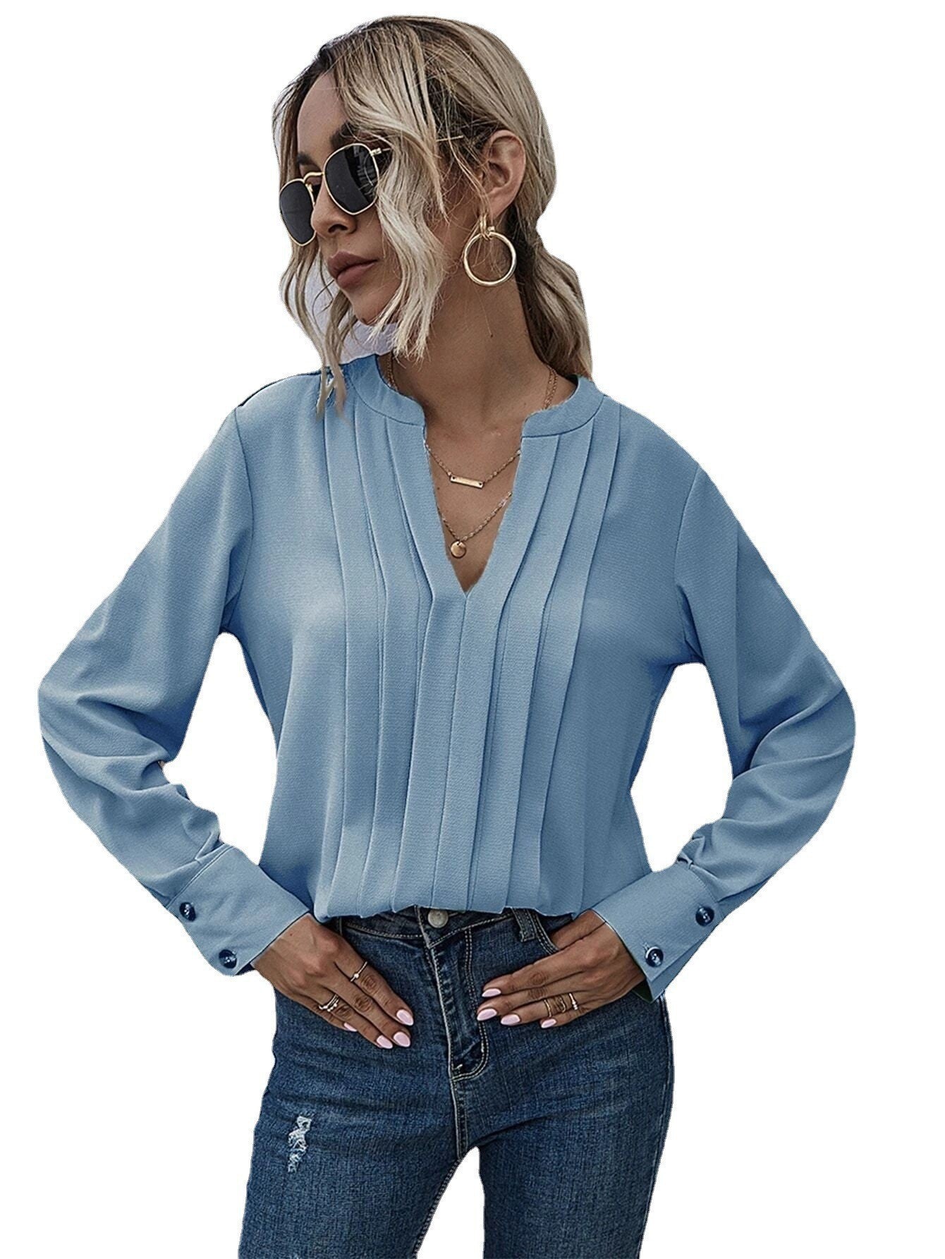 Women's V-neck Long Sleeve Pleated Pullover