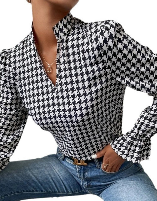 Load image into Gallery viewer, Houndstooth V-neck Long Sleeve Top Women
