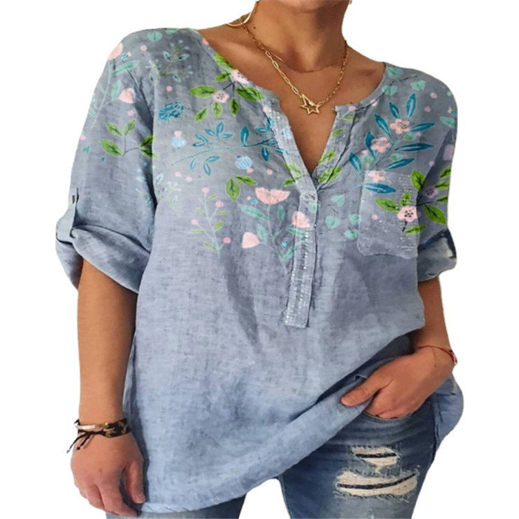 Women's Fashion Loose Printed V-neck Top