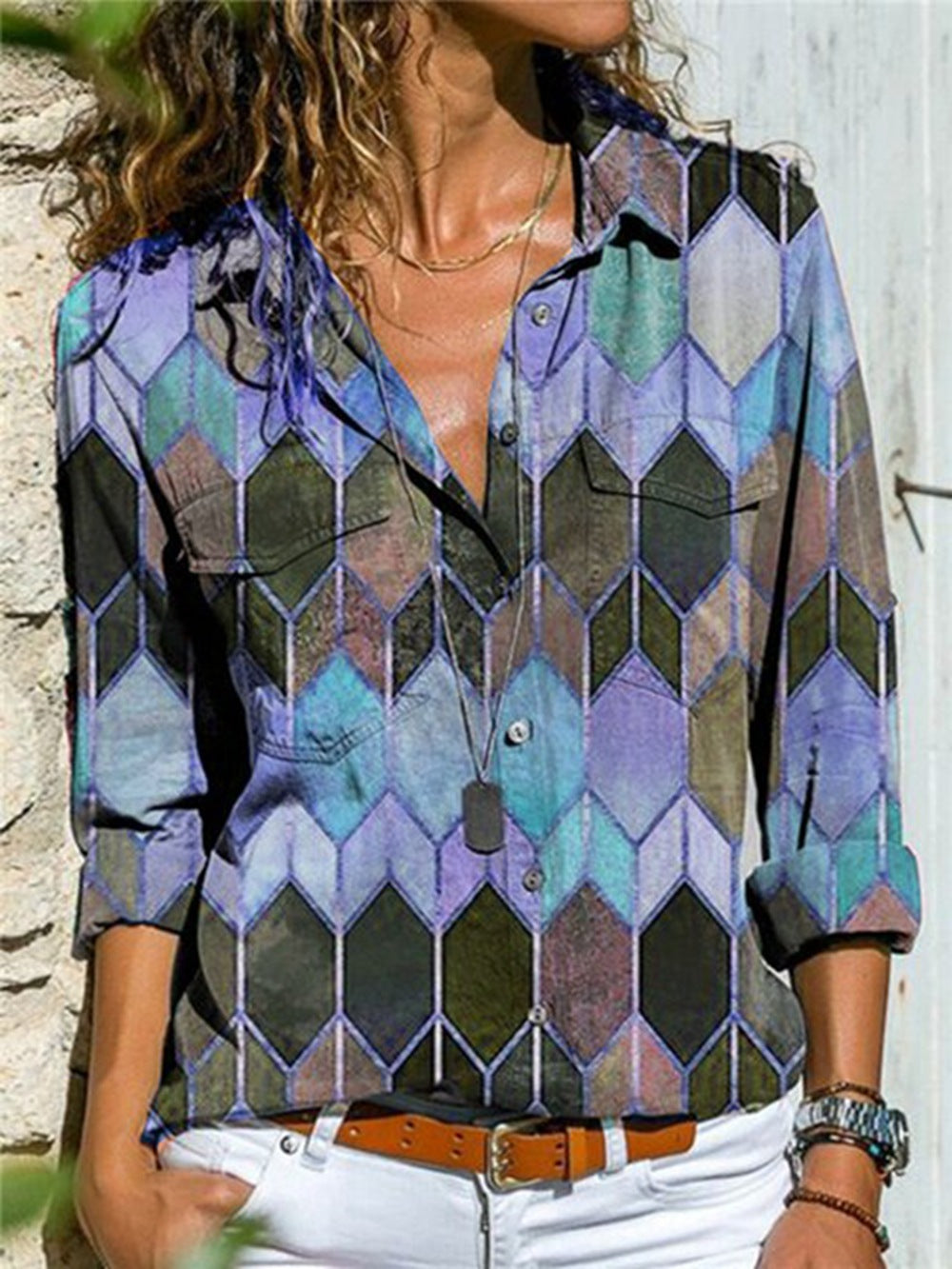 Women's Printed Geometric Shirt Without Chest Pocket